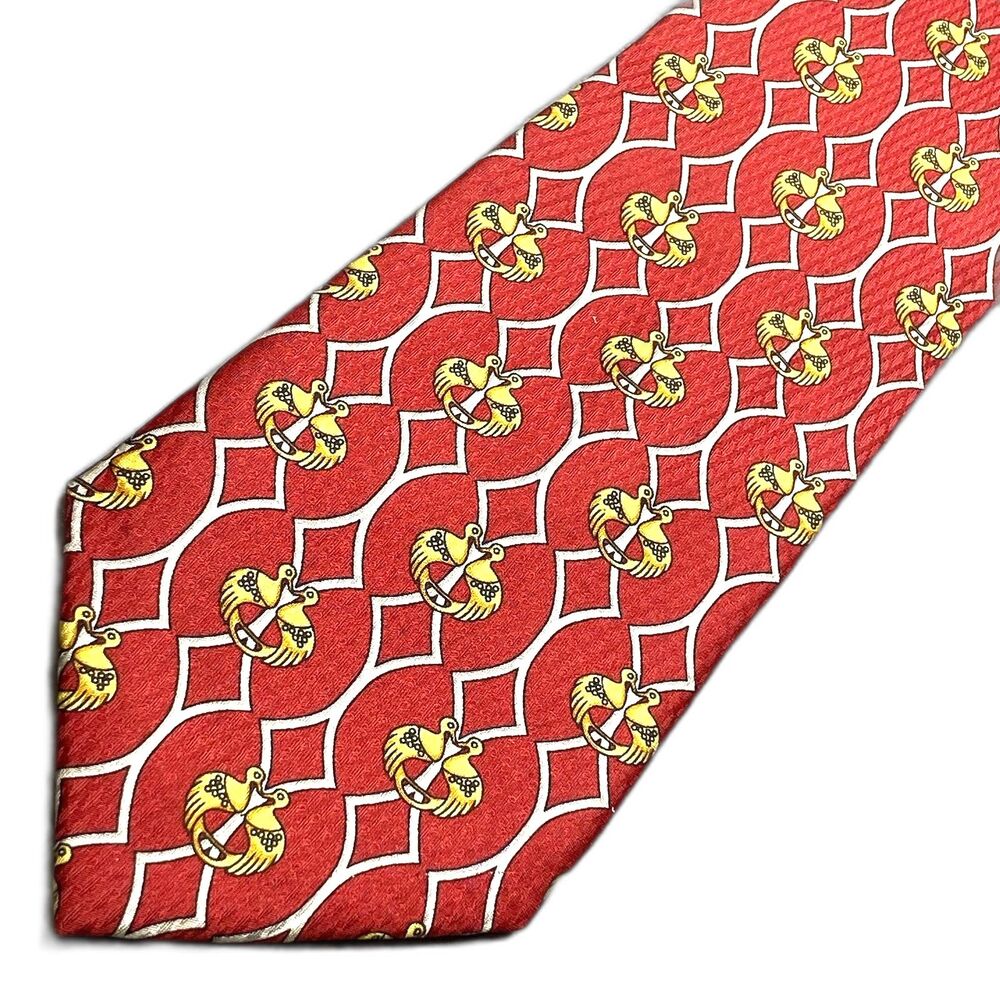 Richel Silk Tie Handmade Spain Equestrian Bird Motif Vintage 90s Red Mens